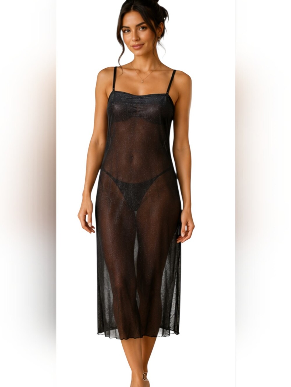 DKNY Petite Vintage Y2K Black Sheer Mesh Slip Dress Cover Up Size M/L